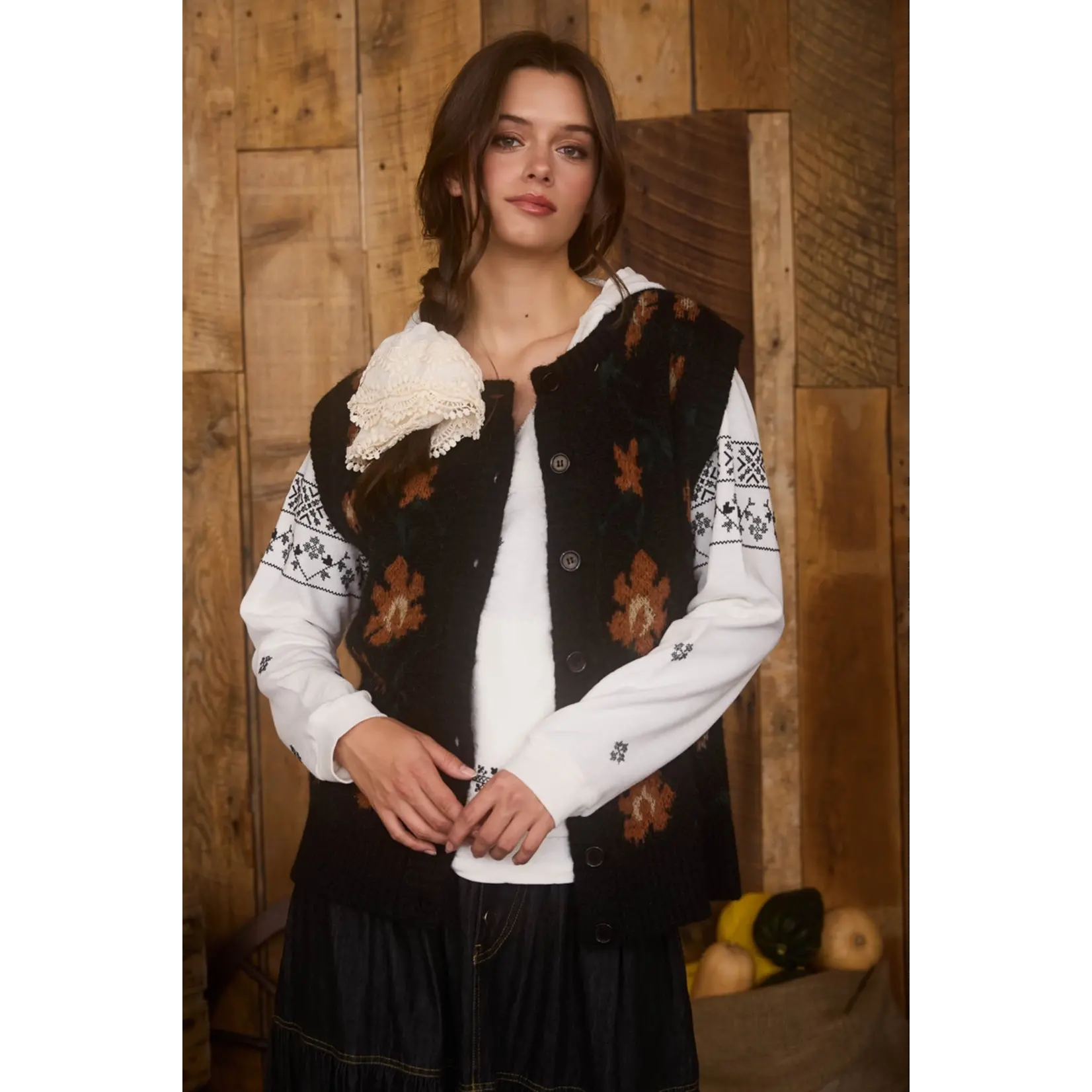 Blu Pepper Floral Cardigan Vest-BLACK