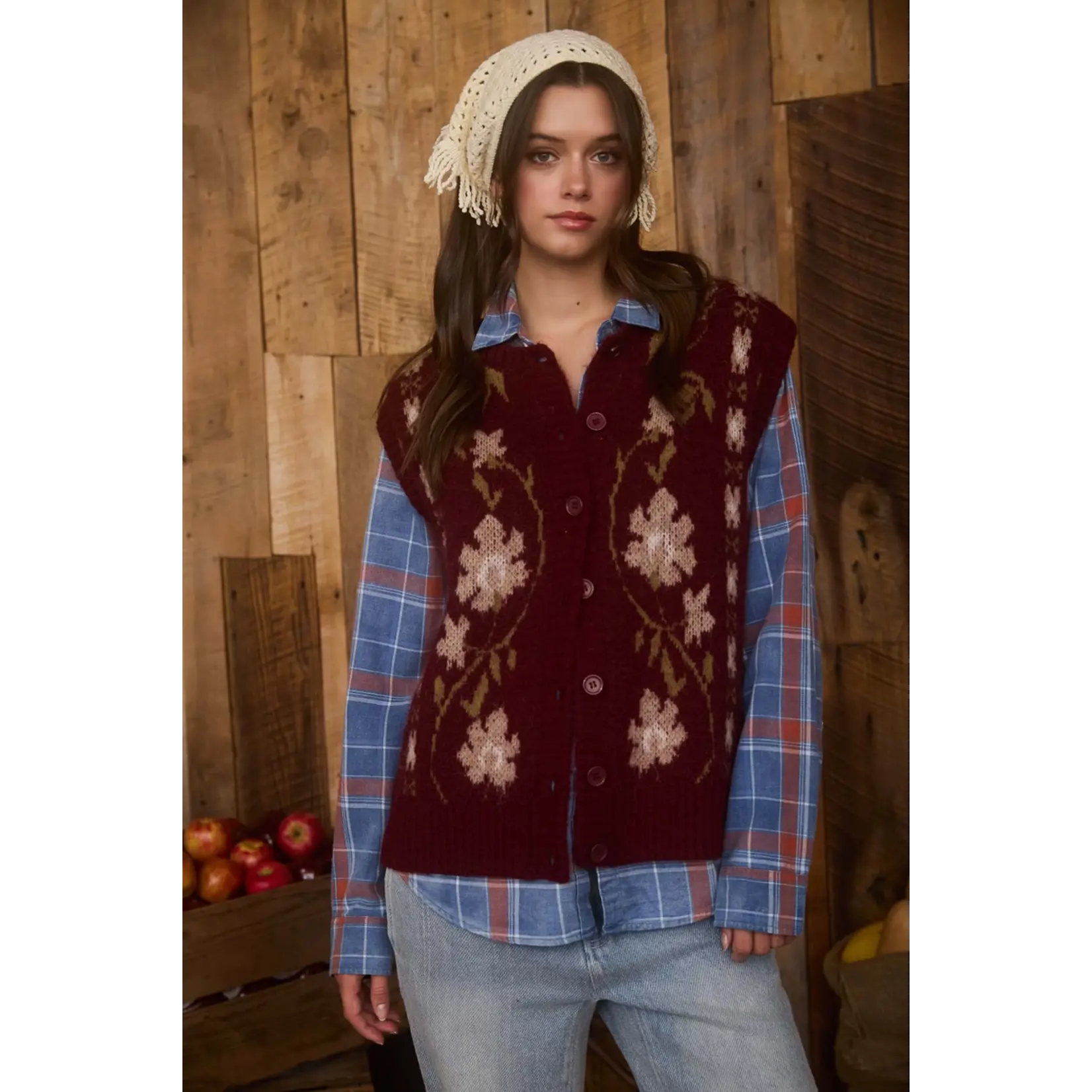 Blu Pepper Floral Cardigan Vest-BURGUNDY