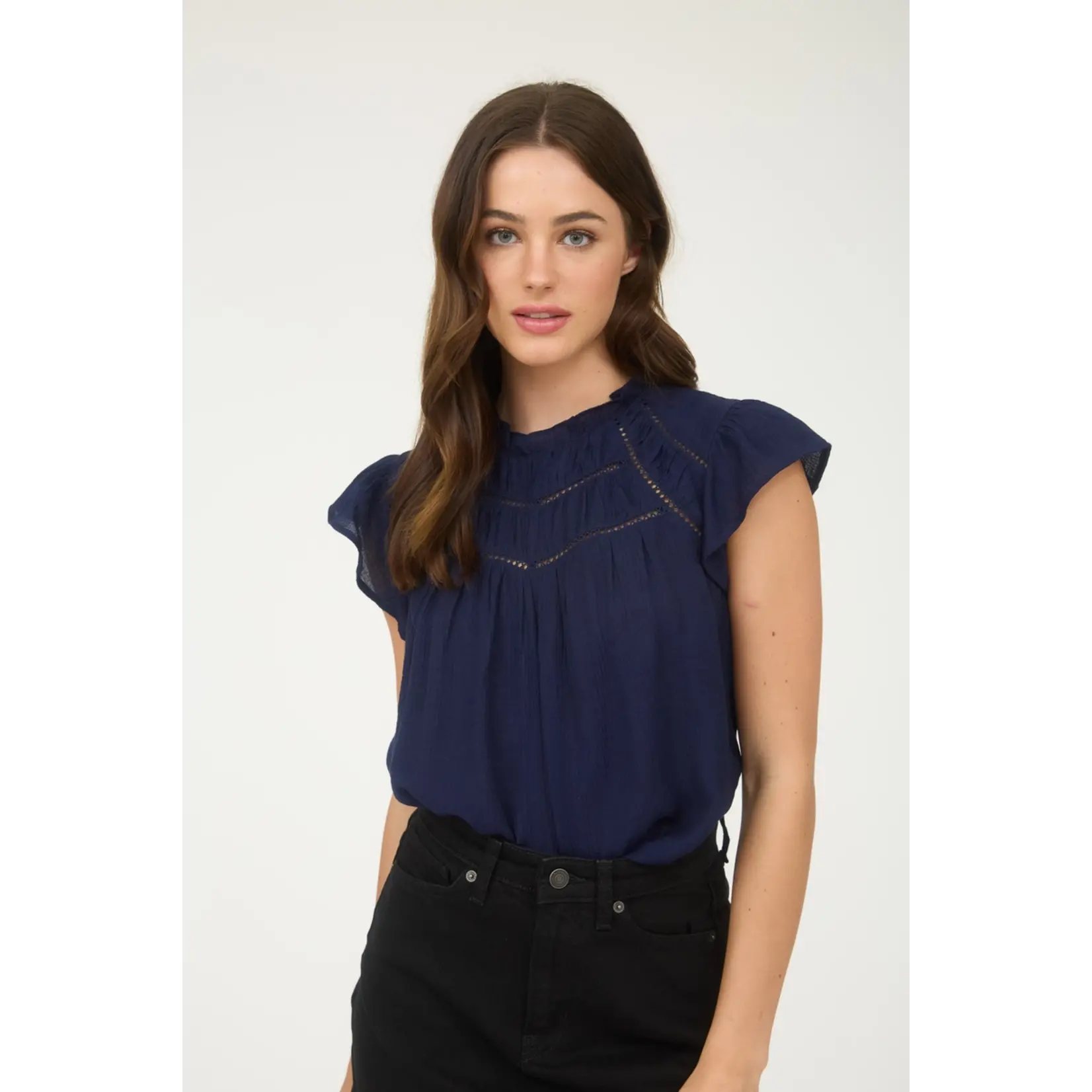 Blu Pepper Line Lace Trim Blouse-NAVY