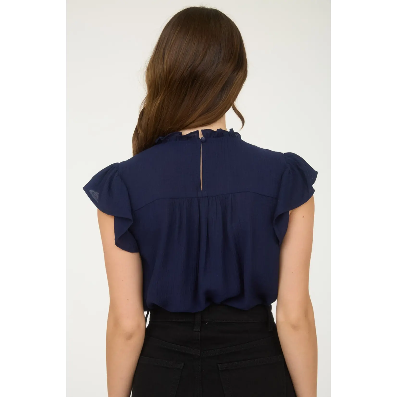 Blu Pepper Line Lace Trim Blouse-NAVY