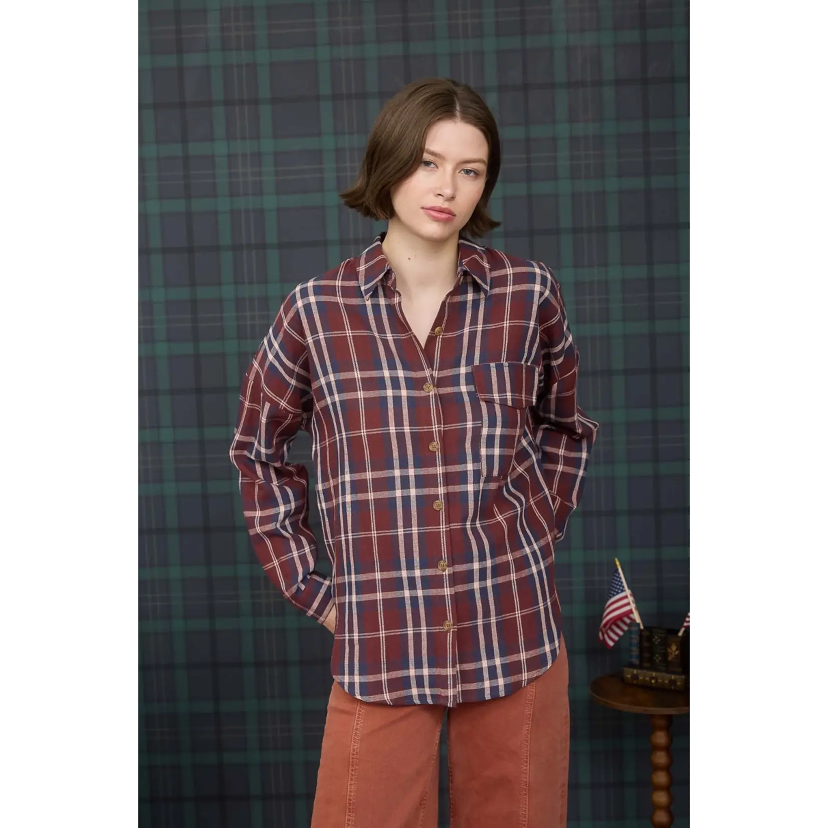 Blu Pepper Plaid Button Down-BURGUNDY