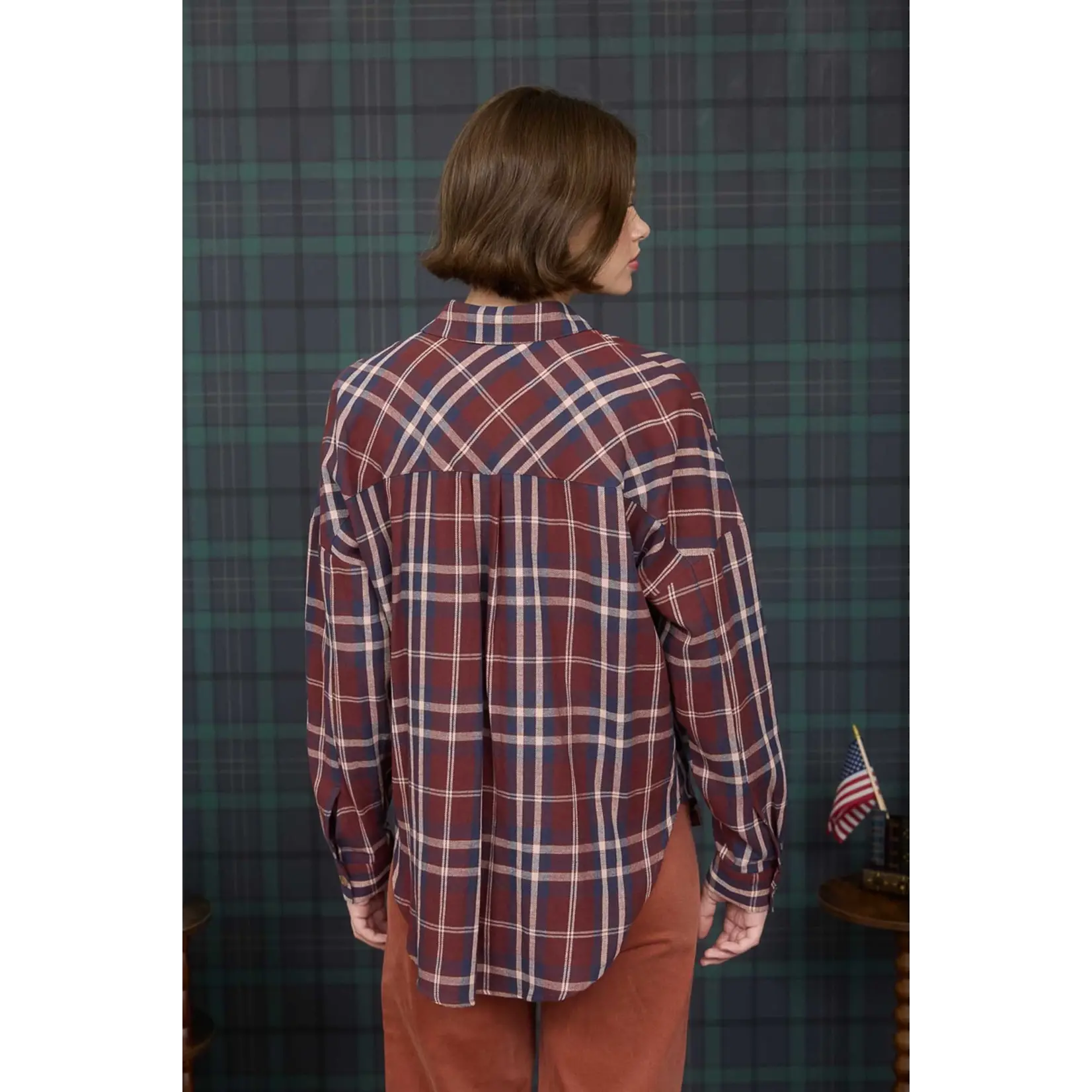 Blu Pepper Plaid Button Down-BURGUNDY