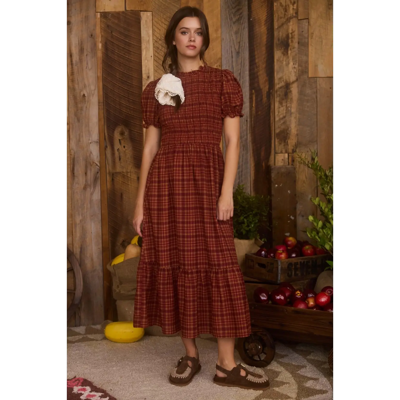 Blu Pepper Plaid Puff Sleeve Midi Dress-RED FINAL SALE