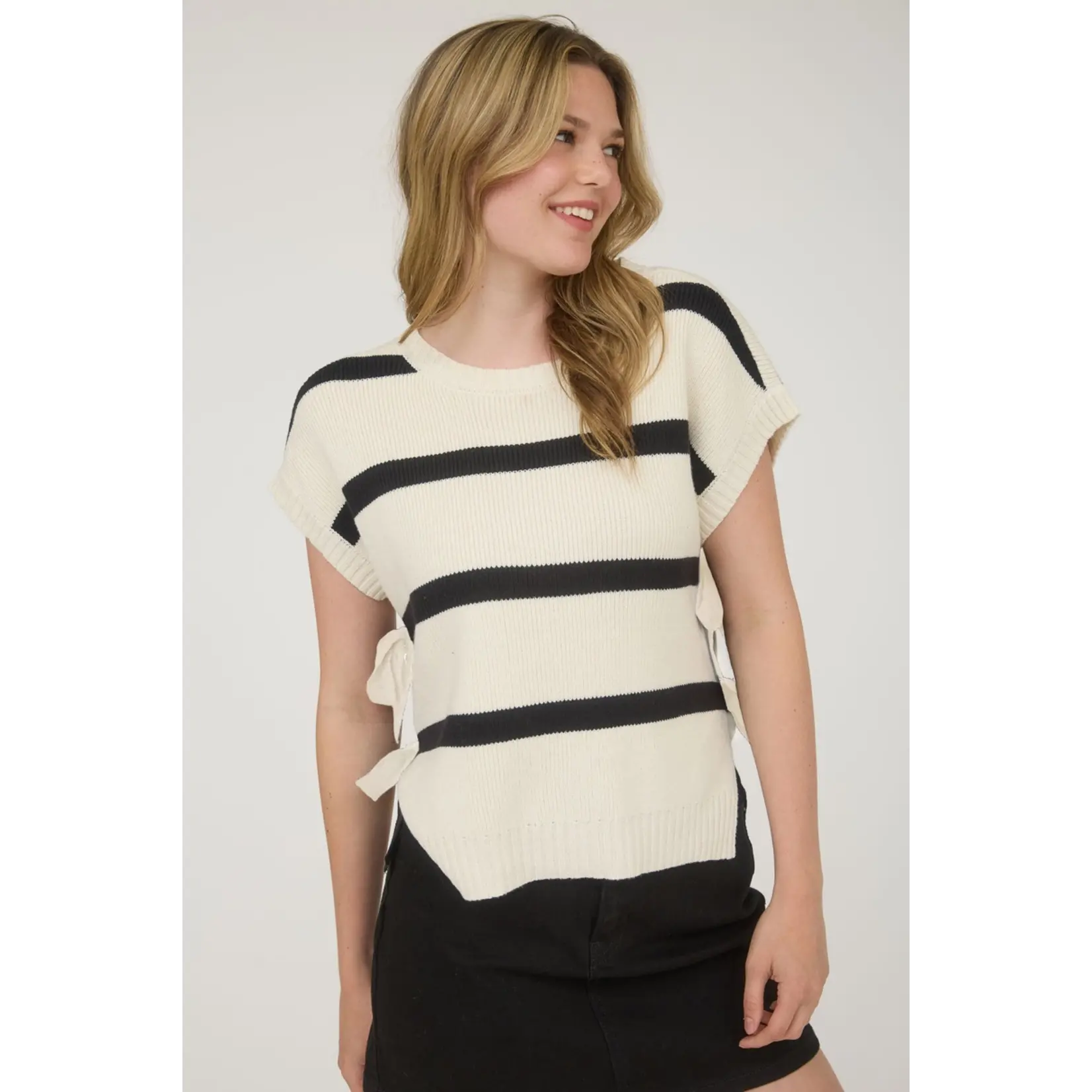 Blu Pepper Stripe Side Tie Sweater-CREAM