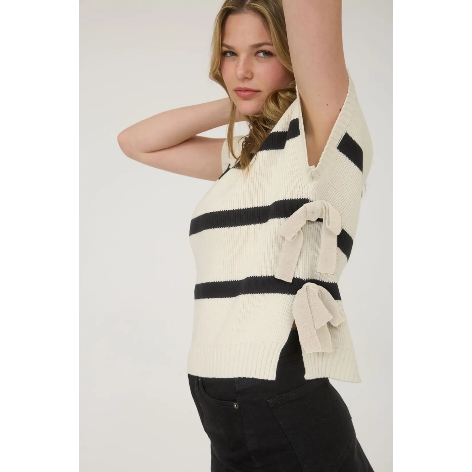 Blu Pepper Stripe Side Tie Sweater-CREAM