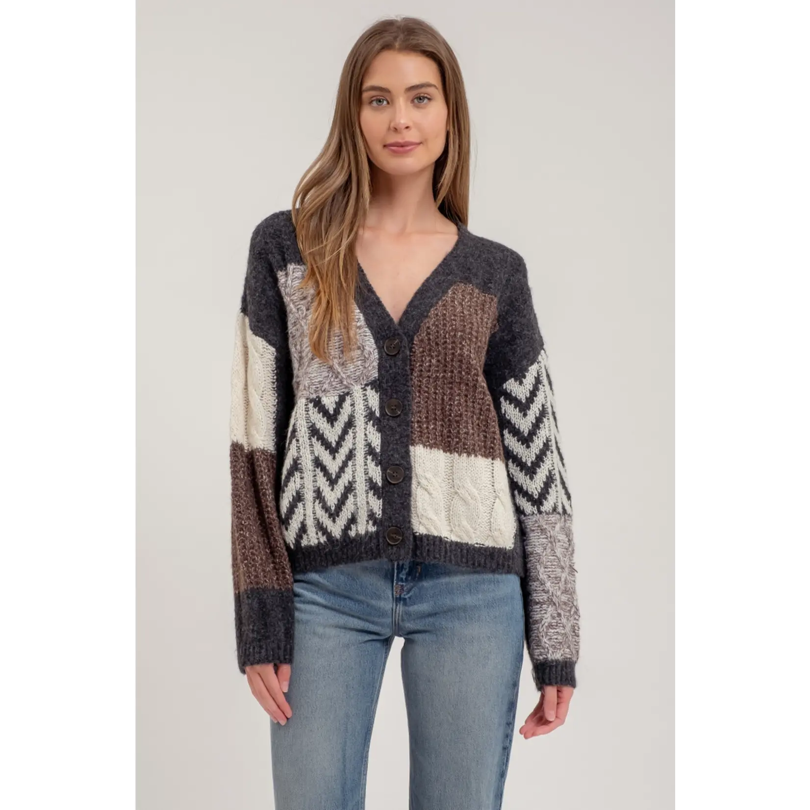Blu Pepper Patchwork Cardigan-CHARCOAL