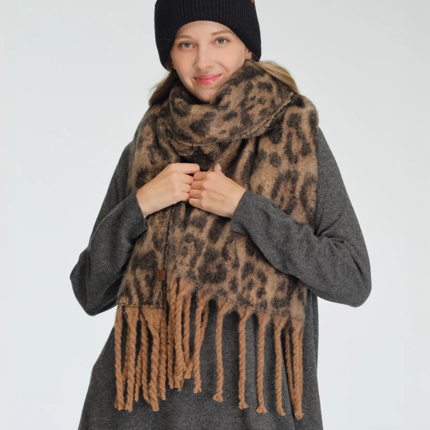 Hana C.C Leopard Fringe Scarf  Brown