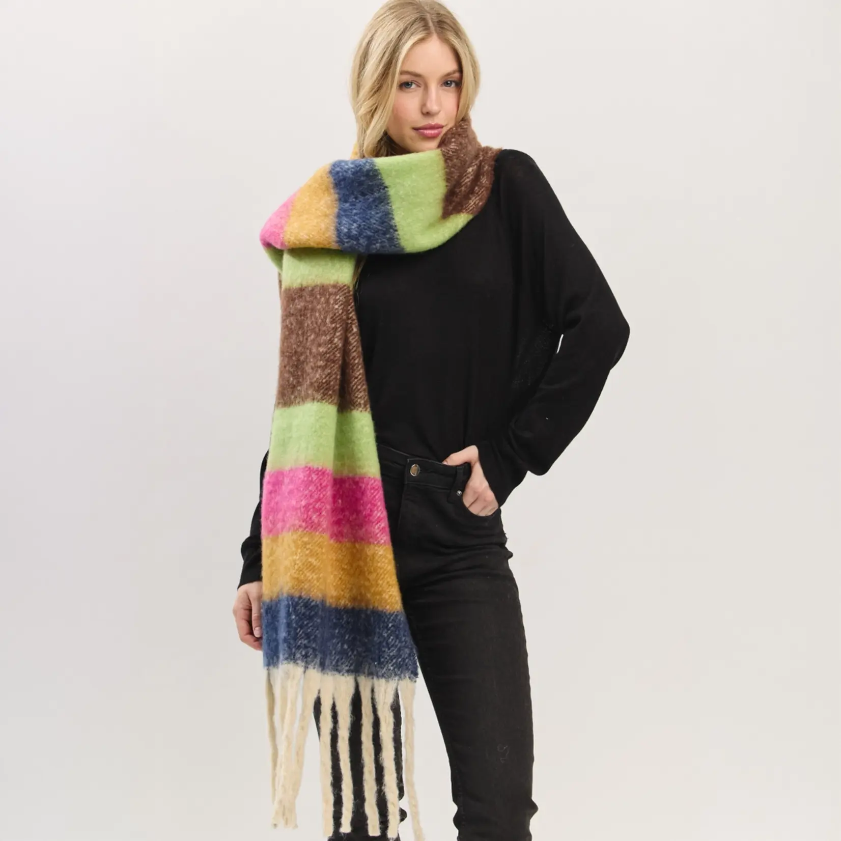 Hana Striped Fringed Scarf Brown Multi