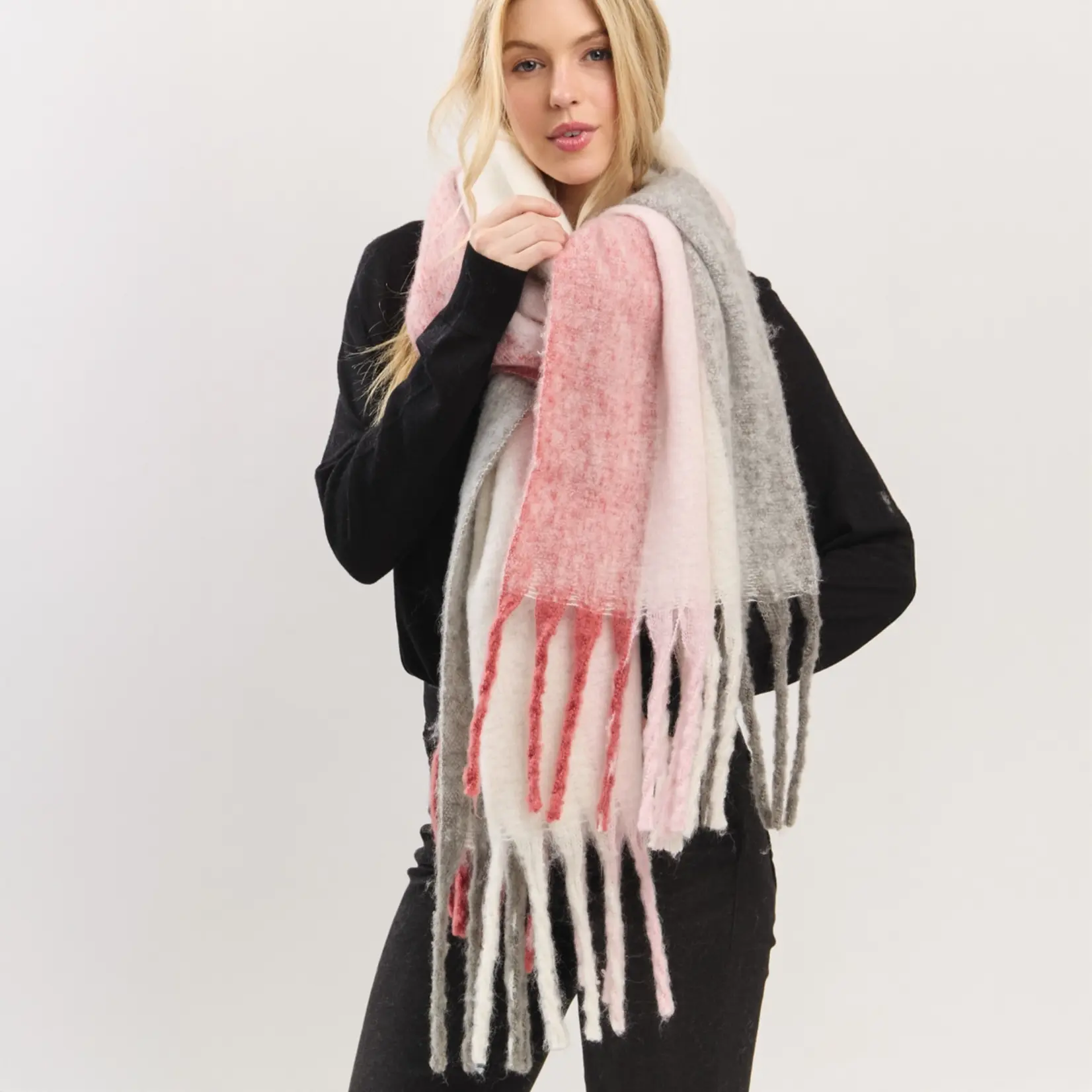 Hana Color Stripe Fringe Scarf  Pink