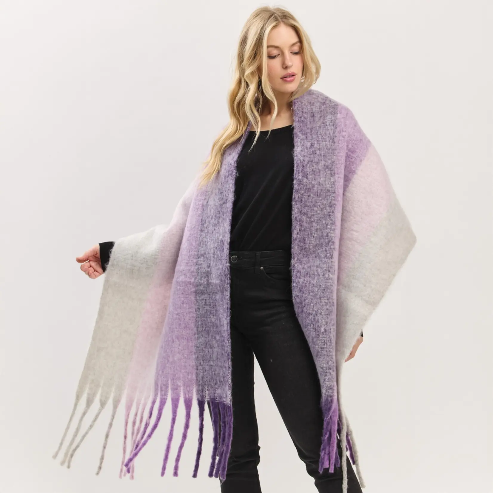 Hana Color Stripe Fringe Scarf  Purple
