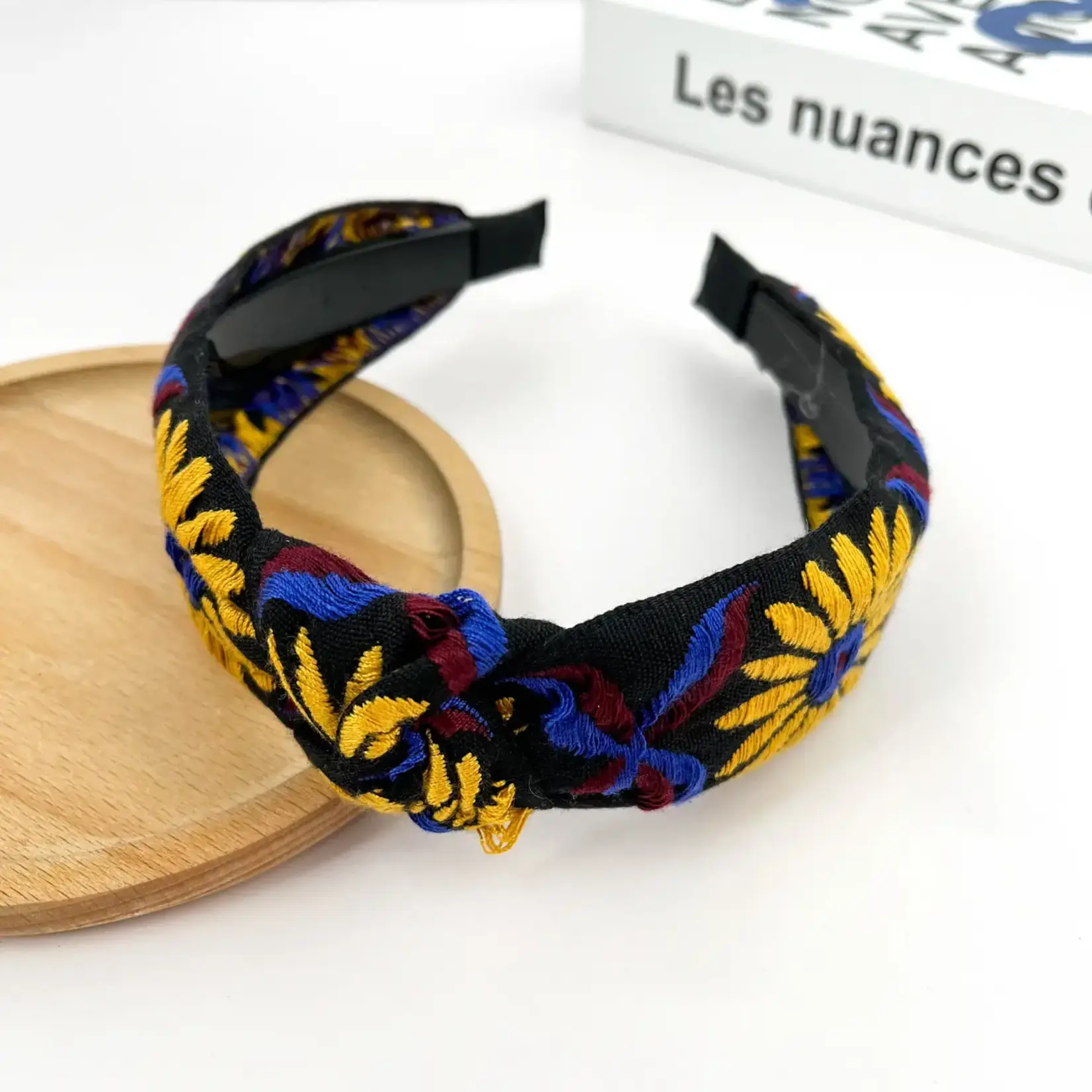 The Diva Soap Boho Embroidered Knot Headband Black/Yellow