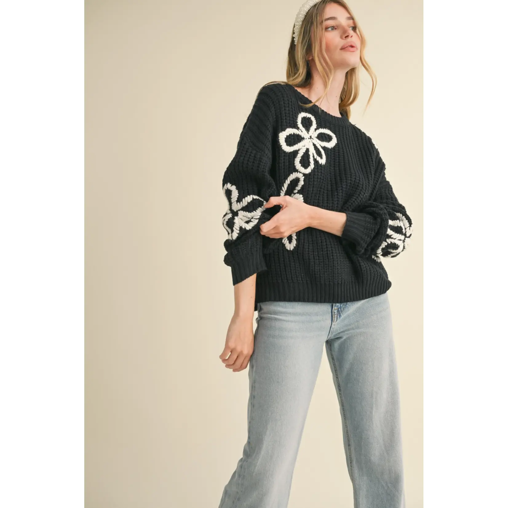 &Merci Floral Contrast Sweater-BLACK IVORY