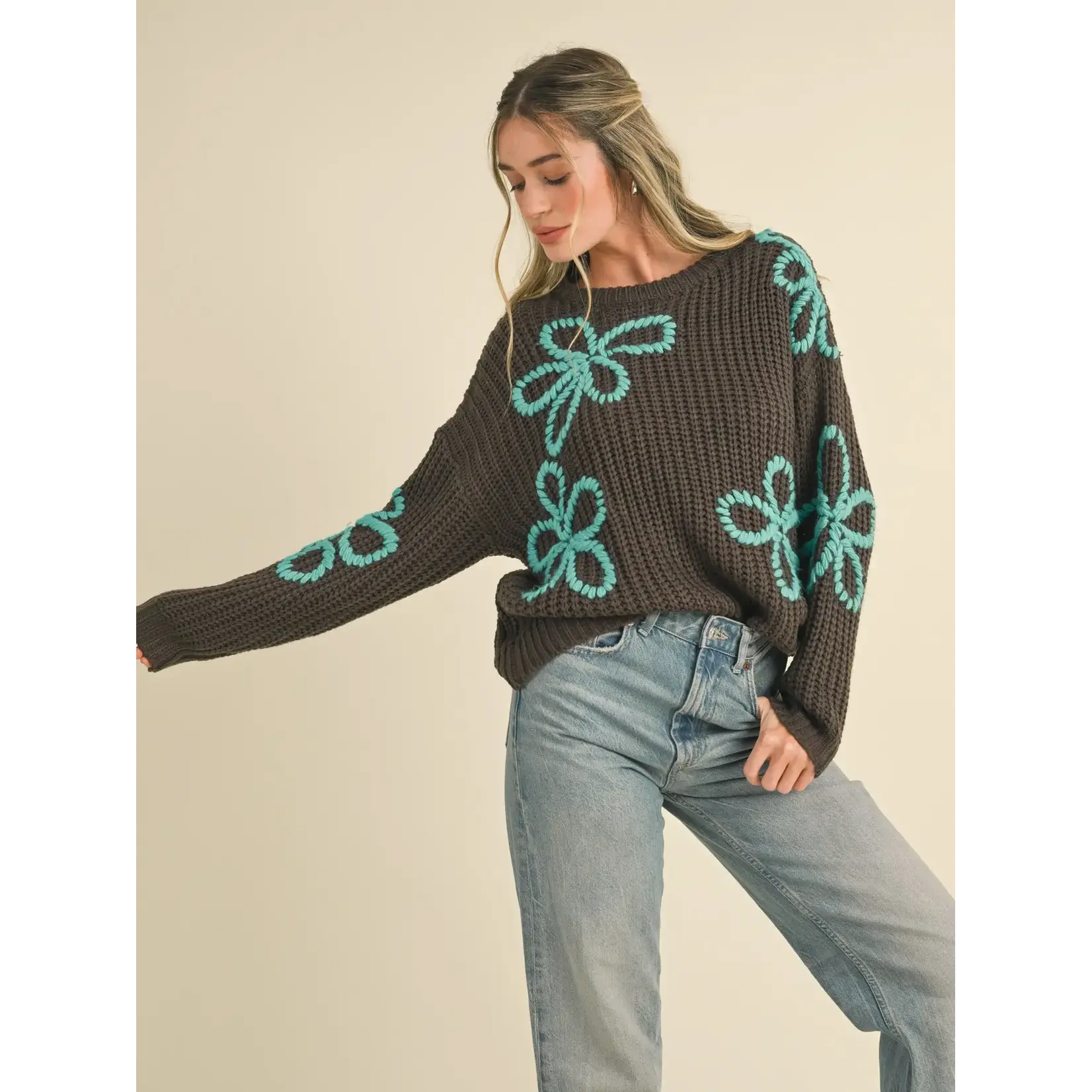 &Merci Floral Contrast Sweater-CHOCO AQUA
