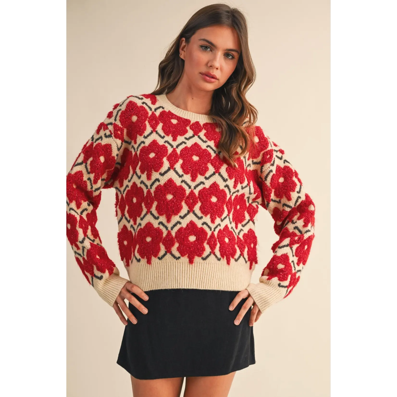 &Merci Fuzzy Sweater-  Red Flower