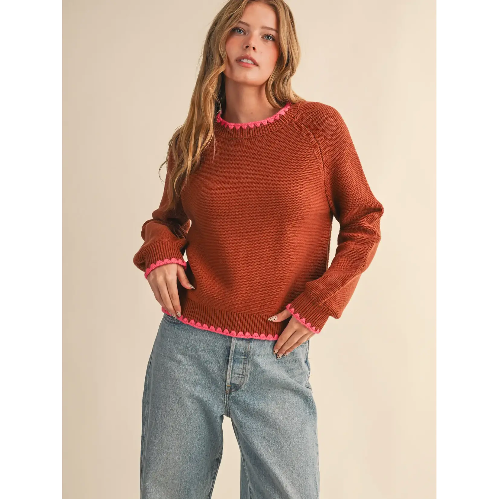 &Merci Puff Sleeve Contrast Sweater-Brown Fuchsia