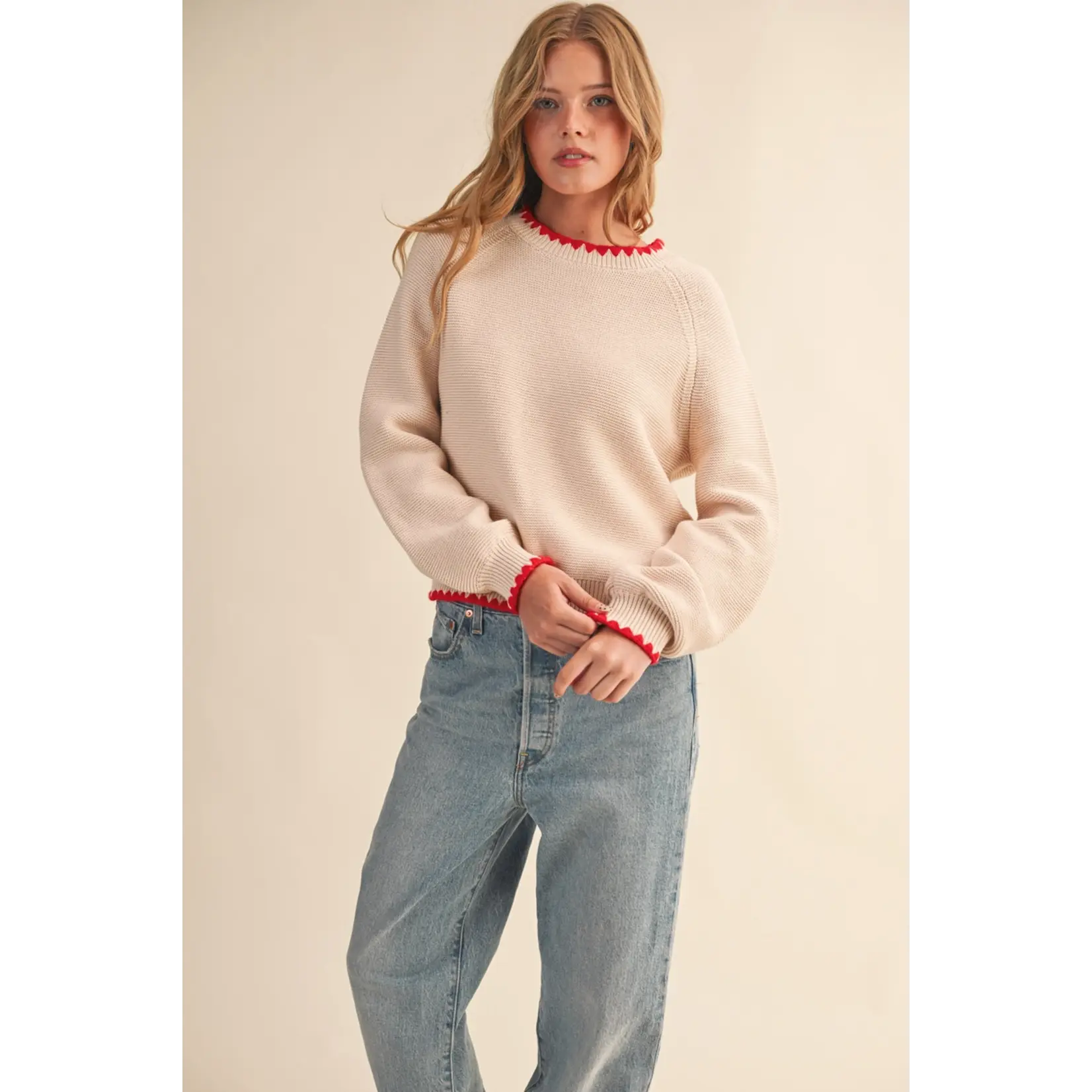 &Merci Puff Sleeve Sweater with Contrast Almond Red