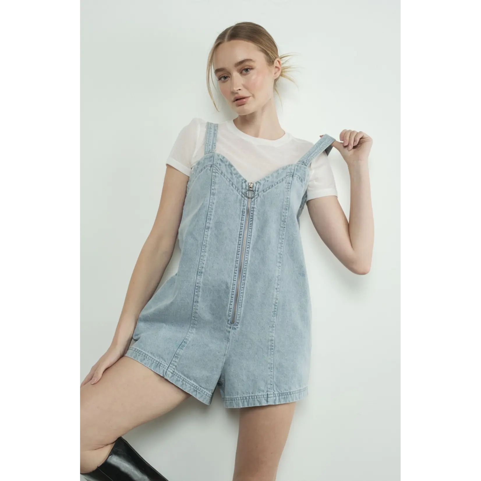 Aaron & Amber DENIM SLEEVELESS ROMPER WITH FRONT ZIPUP
