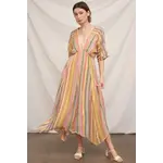 En Creme Kimono Sleeve V-Neck Midi Dress-Yellow