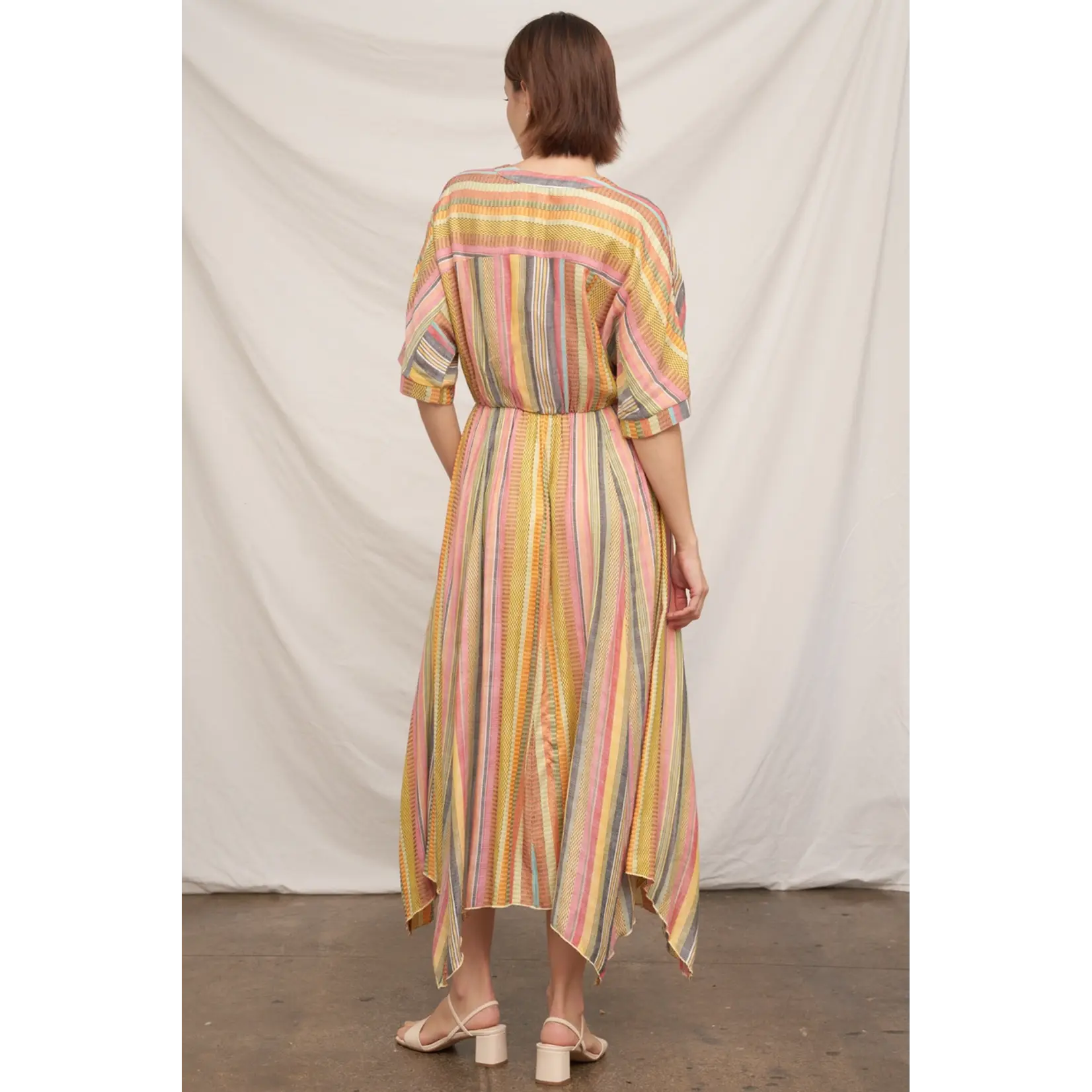 En Creme Kimono Sleeve V-Neck Midi Dress-Yellow