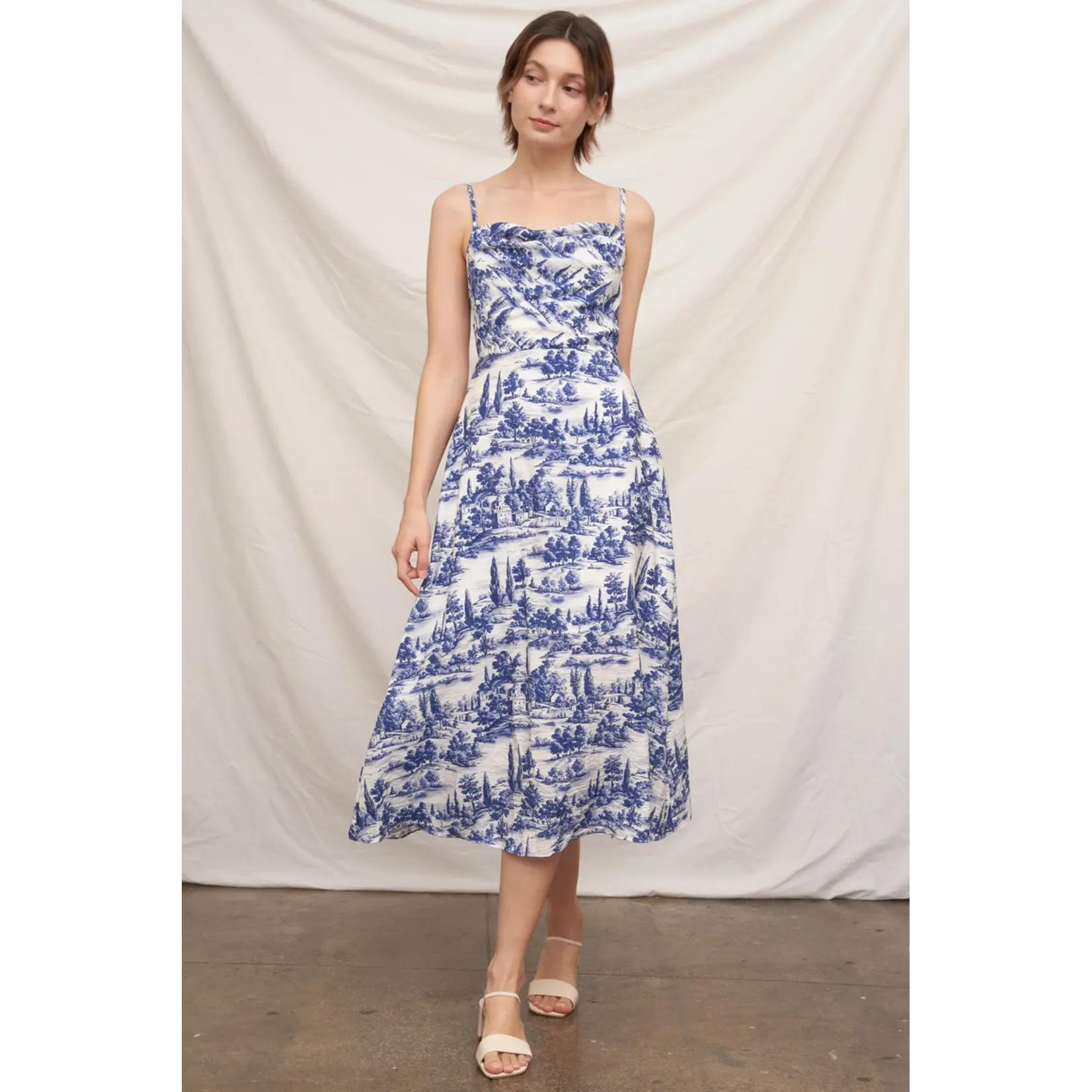 En Creme Sleeveless Toile Print Midi Dress- White Blue