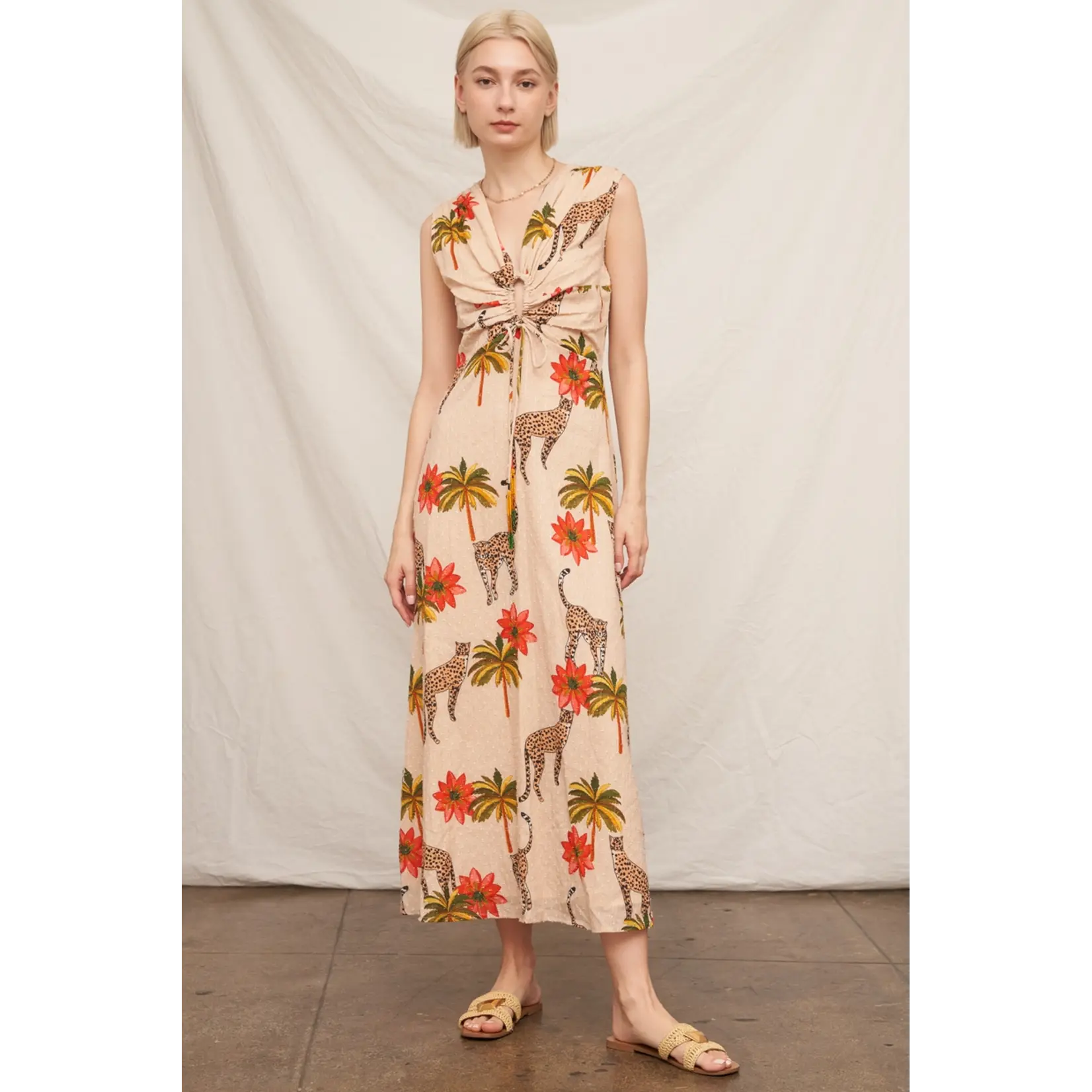 En Creme Sleeveless Cheetah Print Maxi Dress-Multi-Colored