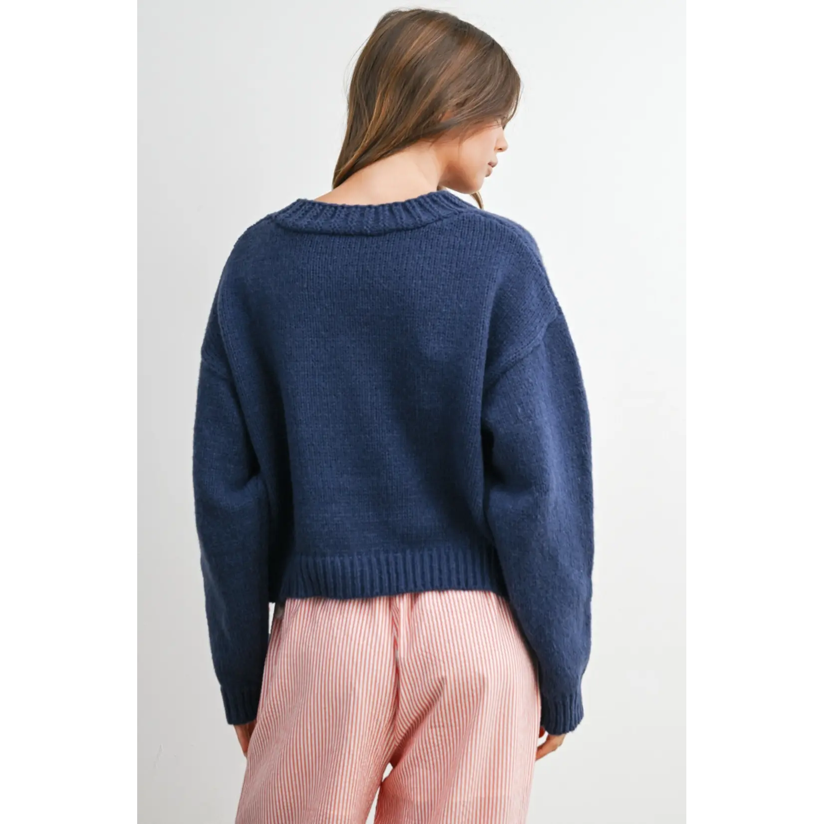 En Creme Heart Cropped Cardigan-Navy