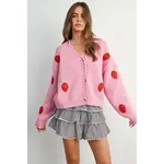 Buttermelon Strawberry Embroidered Cropped Cardigan-Pink