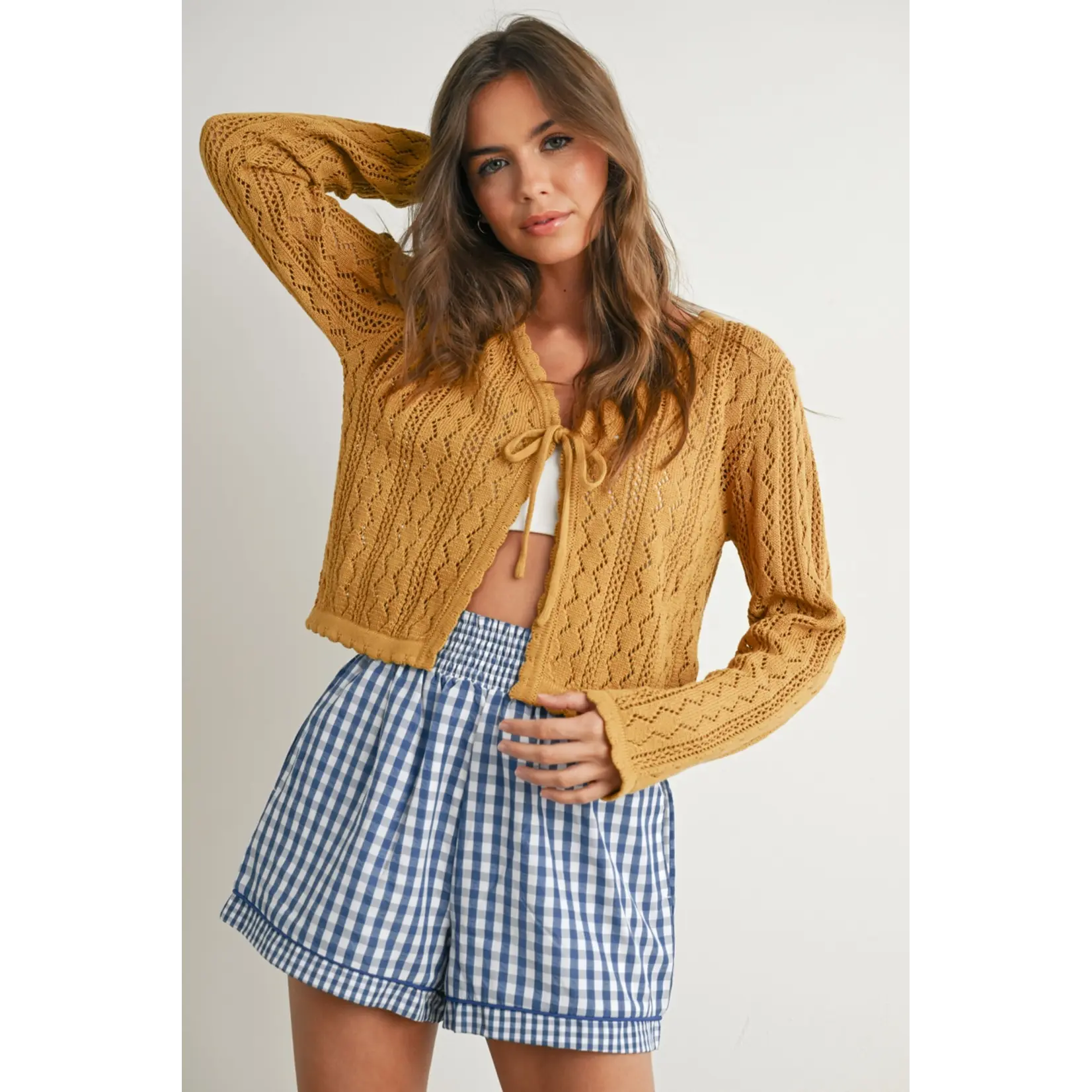 Buttermelon Knitted Tie-Front Cardigan-Mustard