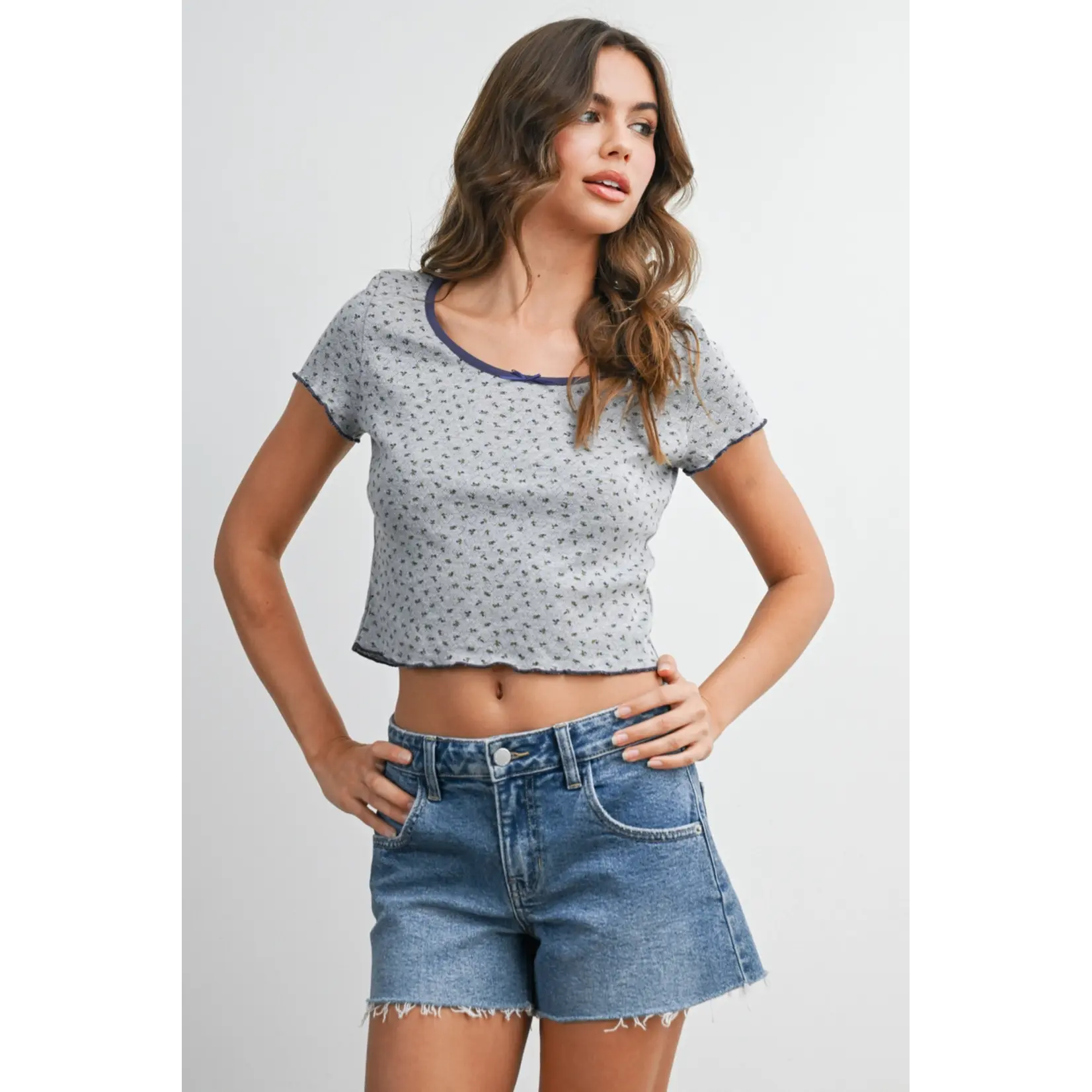 Buttermelon Dainty Floral Ruffle Crop Top-Grey