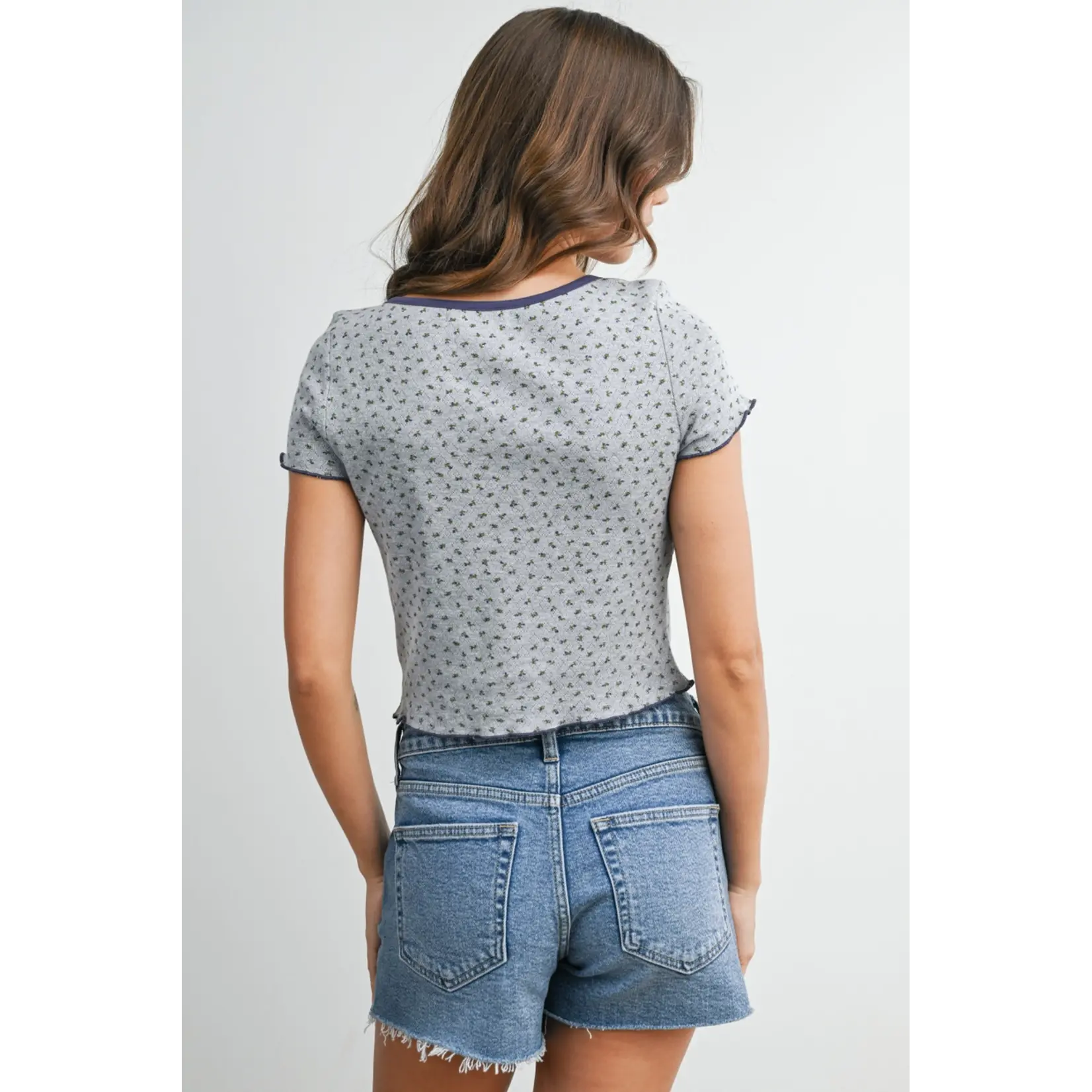 Buttermelon Dainty Floral Ruffle Crop Top-Grey