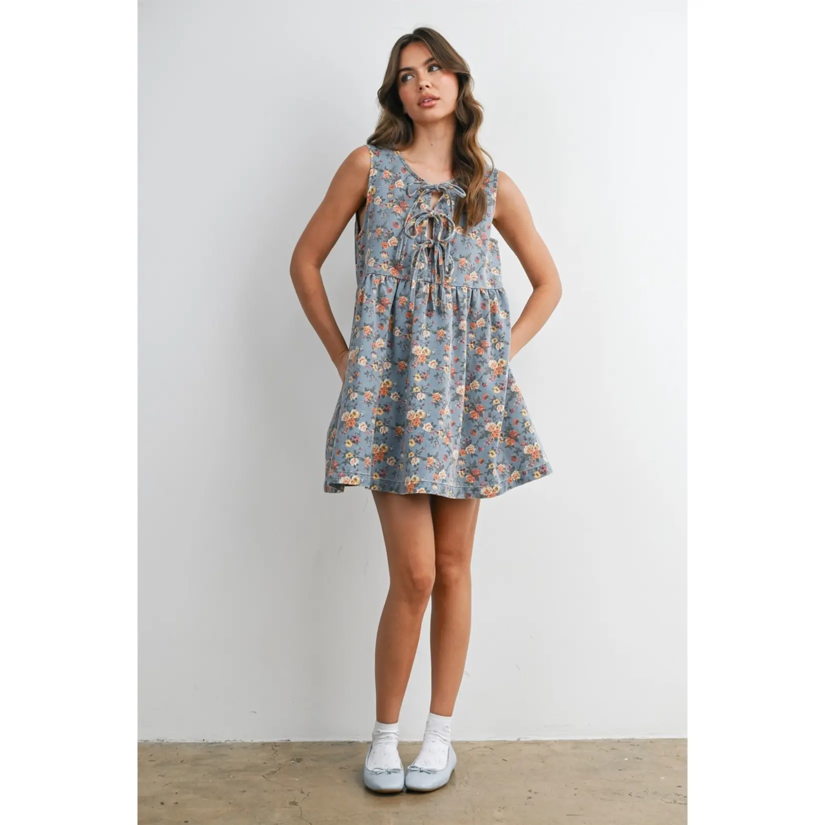 Buttermelon Floral Tie Babydoll Dress - DENIM MULTI