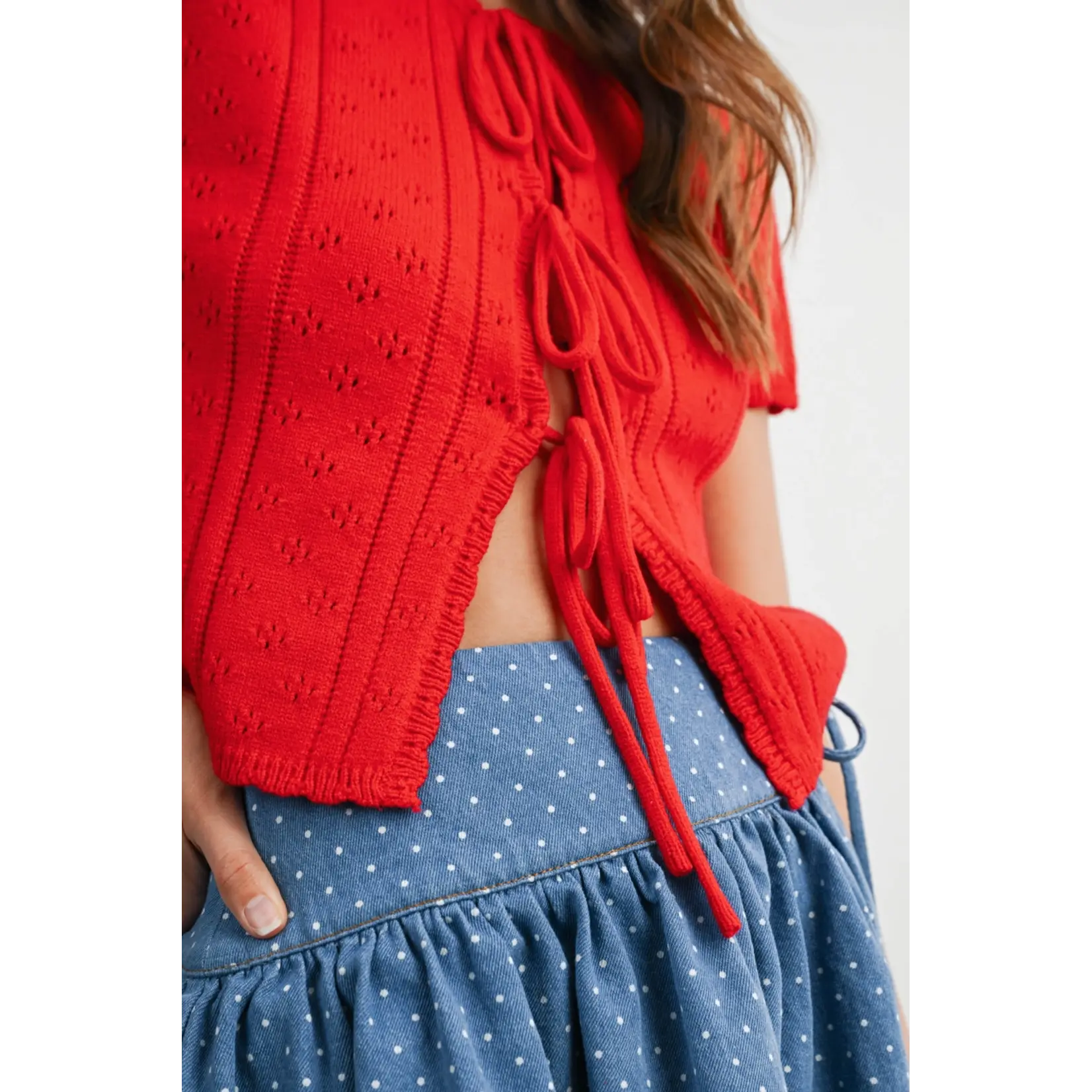 Buttermelon Scalloped Tie-Front Pointelle Top - RED