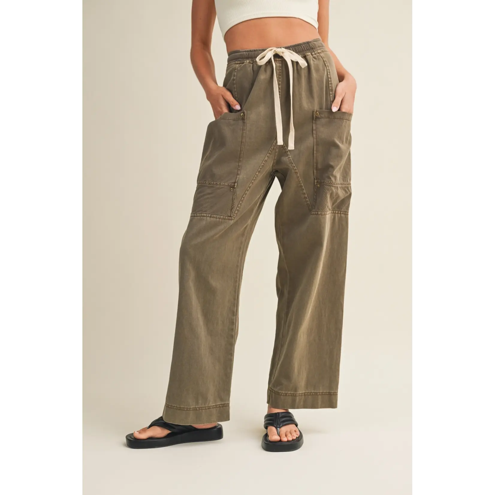 Mustard Seed SIDE POCKET WIDE PANTS-BURNT MOSS