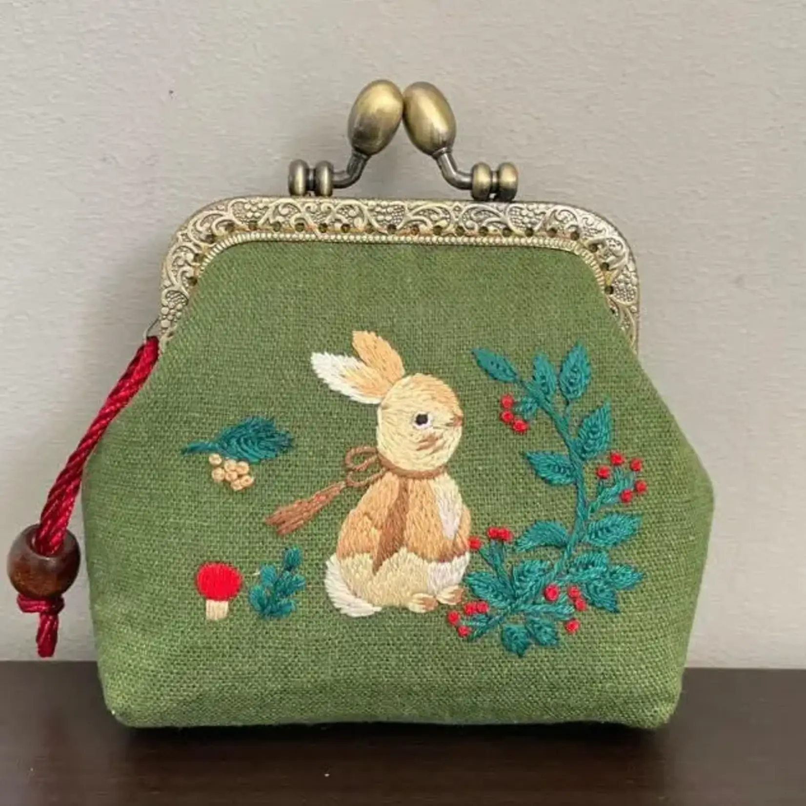 Quince Fables Rabbit Embroidered Green Coin Purse