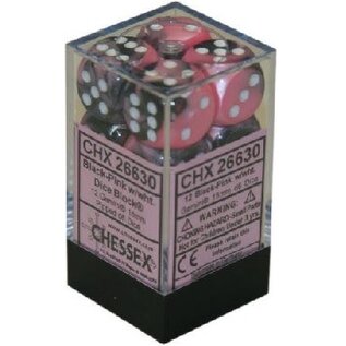 Chessex Dice - Gemini: 16mm D6  Black Pink/White (12)