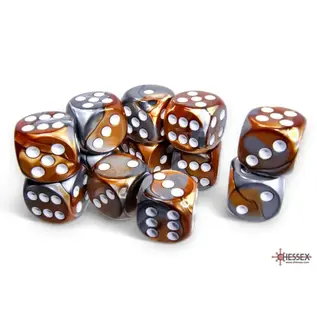 Chessex Dice - Gemini: 16mm D6 Copper Steel / White (12)