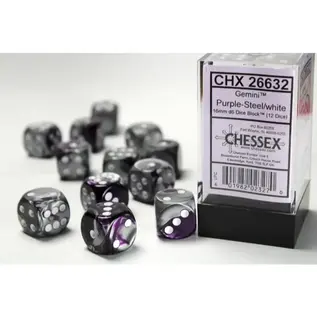 Chessex Dice - Gemini: 16mm D6 Purple Steel/White (12)