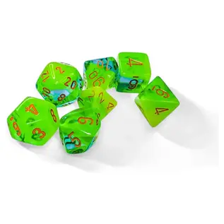 Chessex Dice - Gemini: Poly Luminary Plasma Green Teal / Orange (7)
