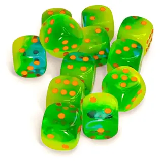Chessex Dice - Gemini: D6 16mm Luminary Plasma Green Teal / Orange (12)