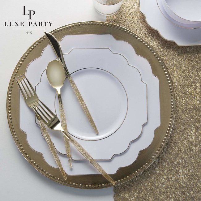 Scalloped White • Gold Plastic Plates | 10 Pack , 8" Appetizer Plates