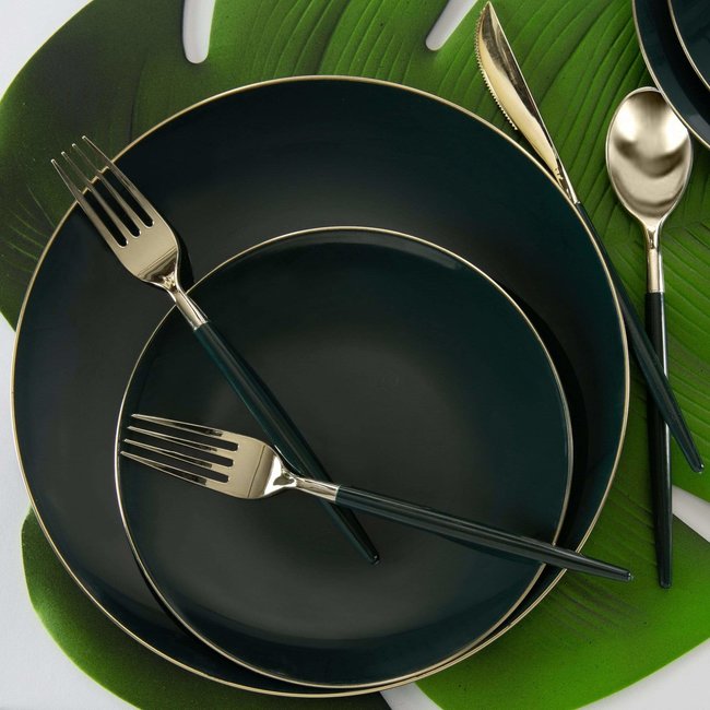 Round Emerald • Gold Plastic Plates | 10 Pack  10.25" Dinner Plates