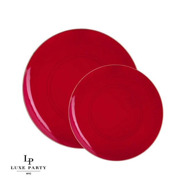 Red • Gold Round Plastic Plates | 10 Pack 10.25"