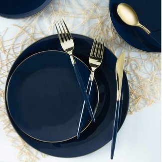 Round Navy • Gold Plastic Plates | 10 Pack  10.25" Dinner Plates