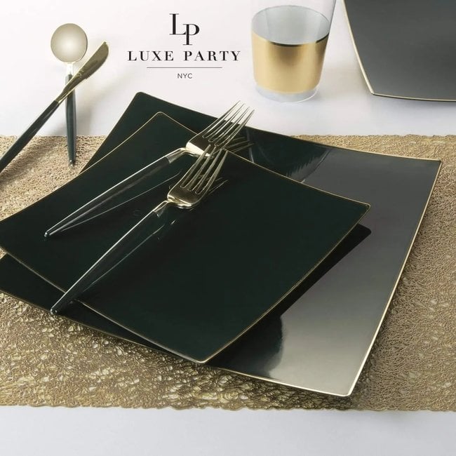 Square Emerald • Gold Plastic Plates | 10 Pack  8" Appetizer Plates