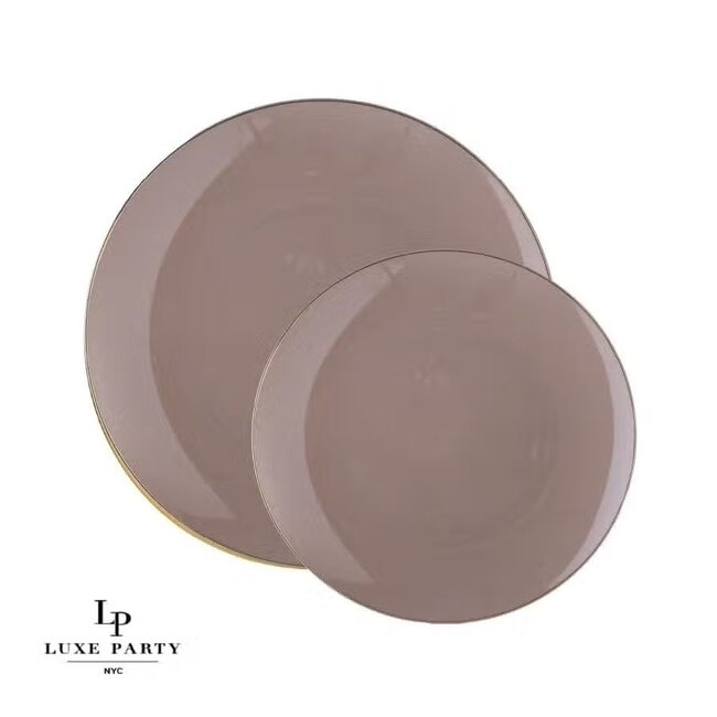 Round Taupe• Gold Plastic Plates | 10 Pack  10.25" Dinner Plates