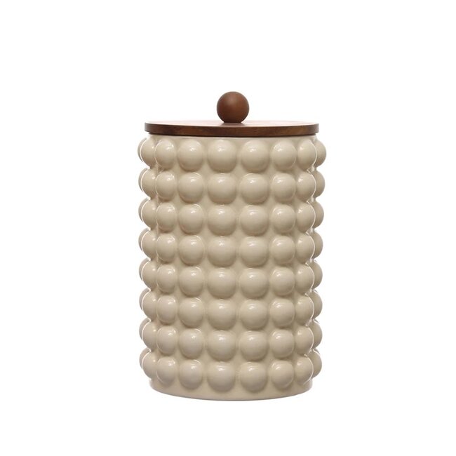 Stoneware Canister w/ Raised Dots & Acacia Wood Lid & Natural, Tall