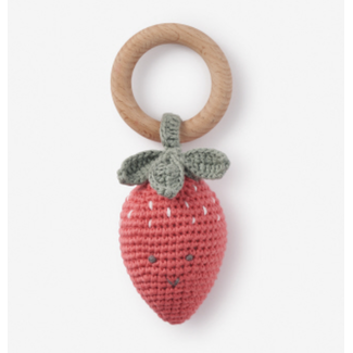Strawberry Wood Ring Rattle Hand-Crochet