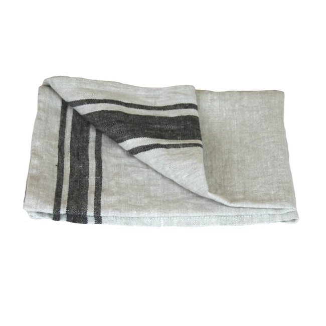 Linen Hand Towel - Grey with Black Stripes