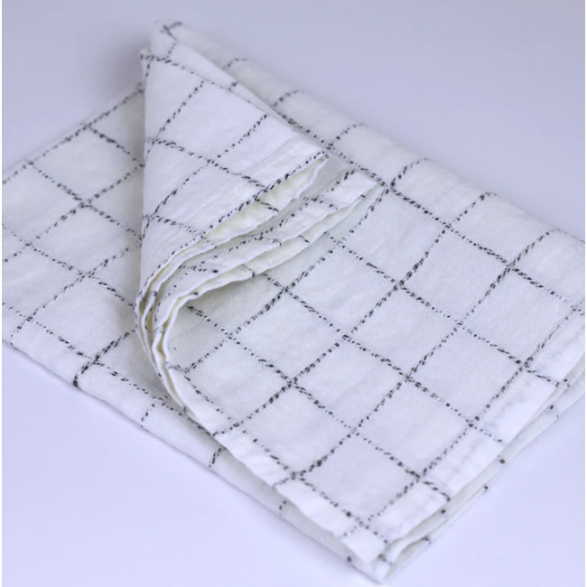 Linen Hand Towel - White with Black Yarn Squares