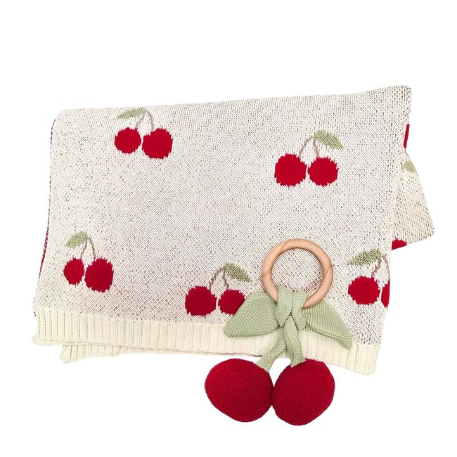 Cherry Orchard Baby Blanket + Ring Rattle Gift Set